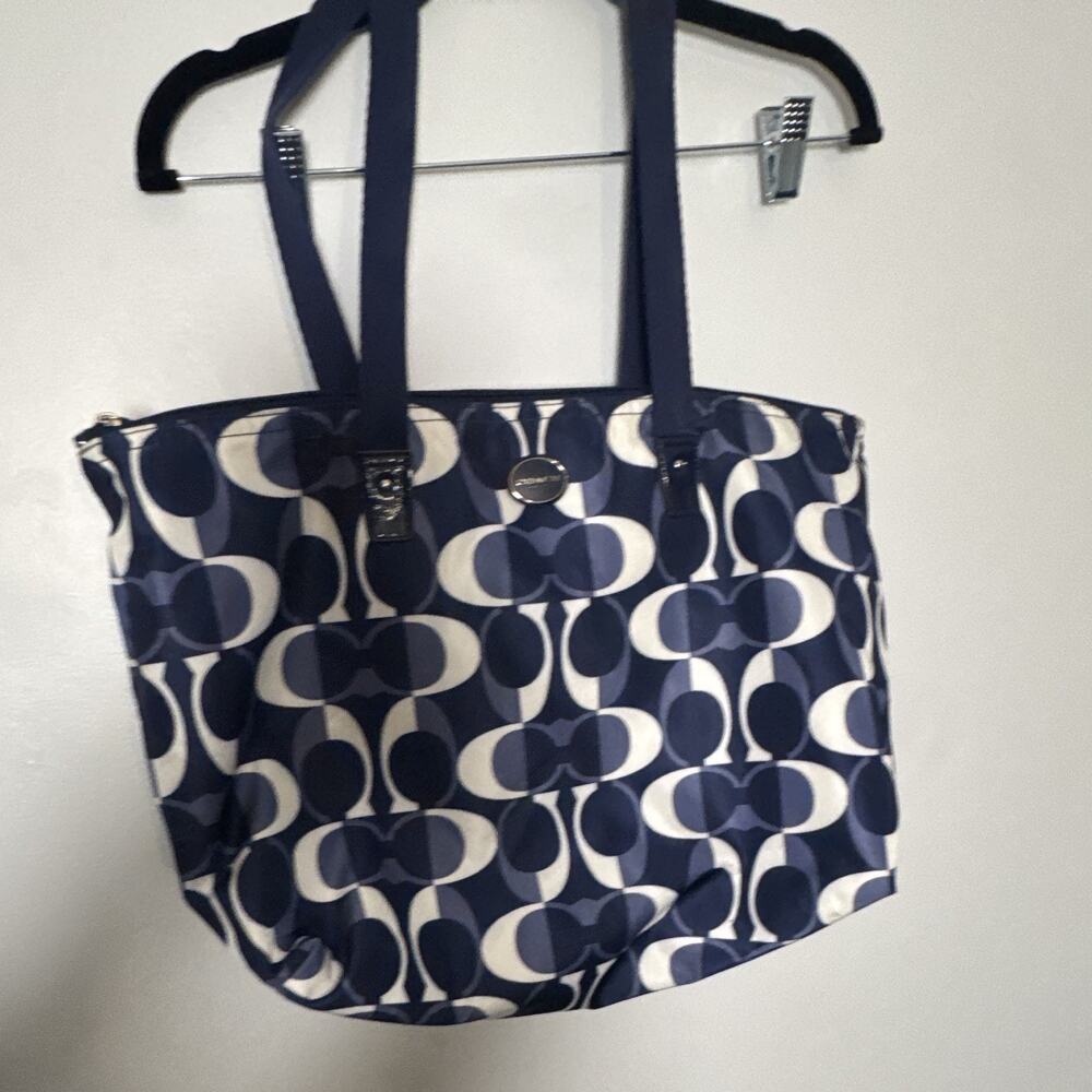 Coach Women's Large Tote Bag Blue and White Canvas Leather Trim